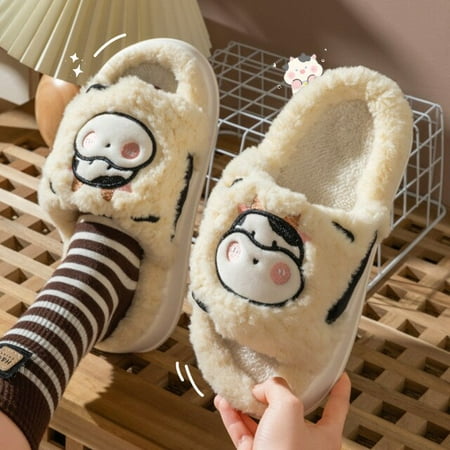 

CoCopeaunt New Plush Cotton Slippers Thick Bottom Indoor Home Lady Slippers Autumn and Winter Cute Cartoon Cow Home Furry Slippers