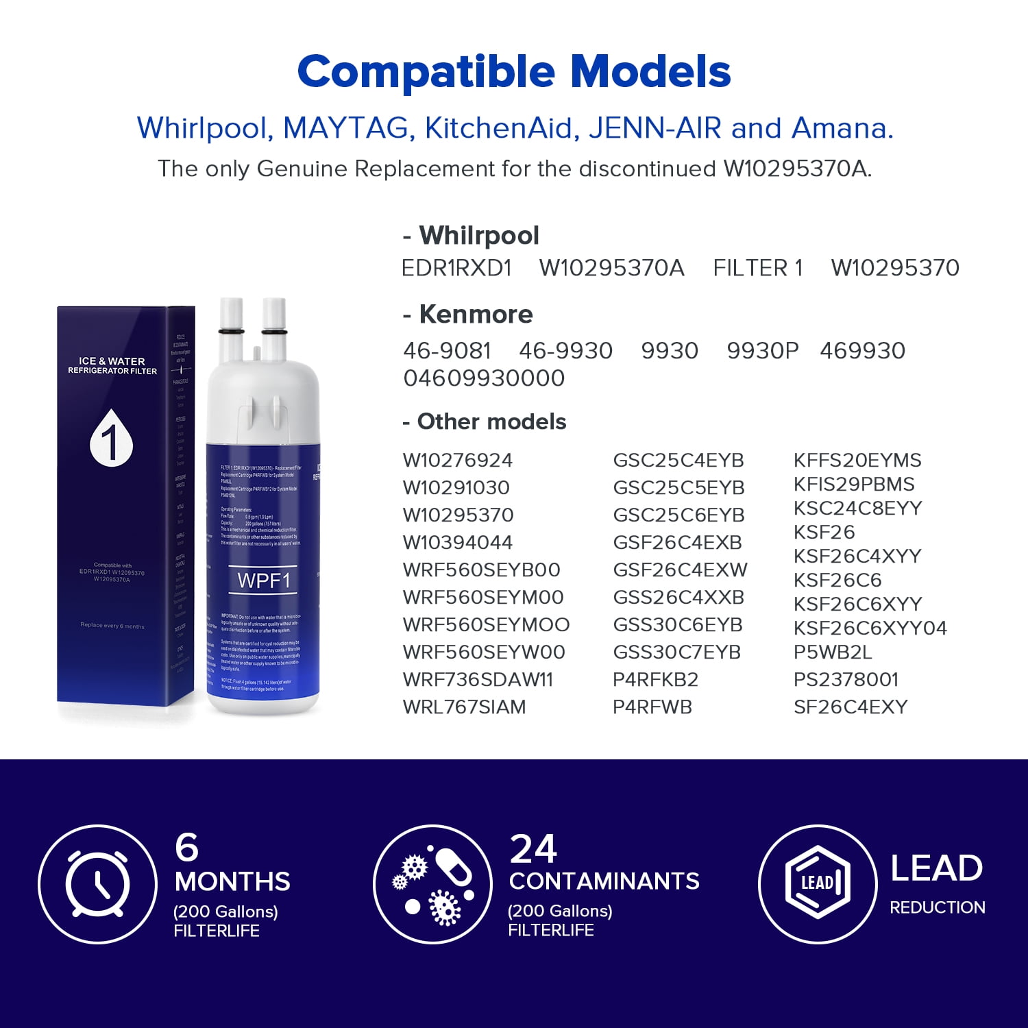 EDR1RXD1 Water Filter Replacement 1 Compatible with W10295370A W10295370 EDRIRXD1B 9081 46-9081 469081 46-9930 469930 9930 P5WB2L P8RFWB2L P8WB2L P4RFWB P5WB12NL and EDRD101G1W, 2-Pack