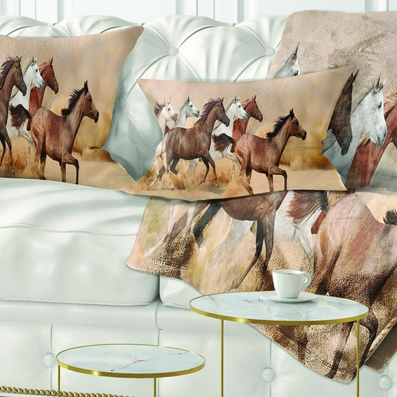 Designart Herd Gallops in Sand Storm - Photography Throw Pillow - 12x20