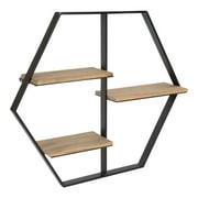 Kate and Laurel Ladd Hexagon Shaped Floating Wood Wall Shelf with Black Metal Frame