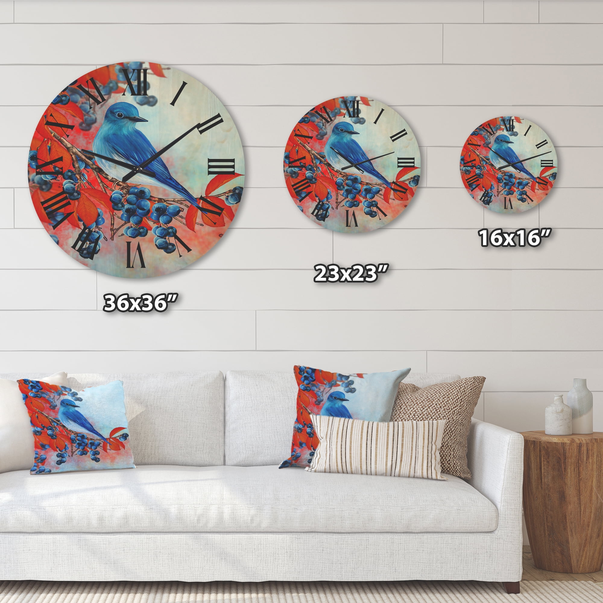 Designart 'Bright Bird Bullfinch Sitting On A Branch of Berries III' Traditional Wood Wall Clock