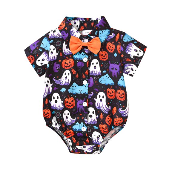 Aojekbee Baby Boy Halloween Romper PumpkinGhost Print Turn Down Collar Short Sleeve Gentleman Jumpsuit