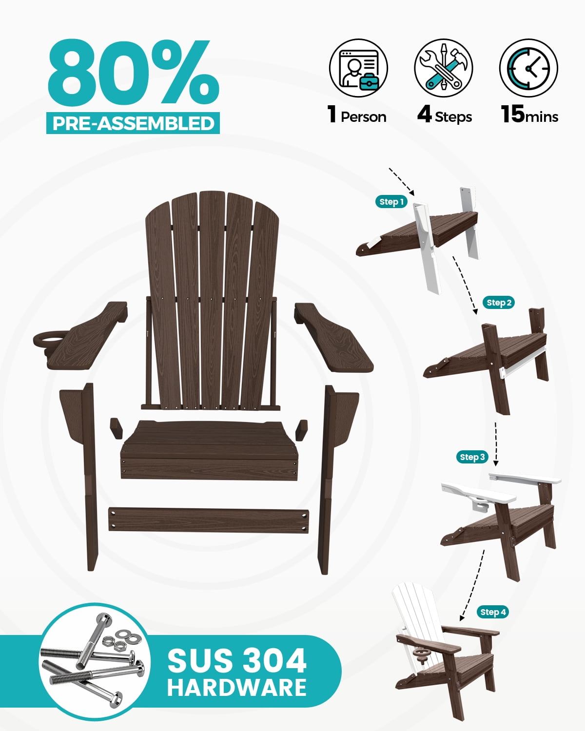 Cobiod Folding Adirondack Patio Chair with Cup Holder, HDPE All-Weather Outdoor Lounge Chair, Wood Grain Ergonomic Design, Coffee