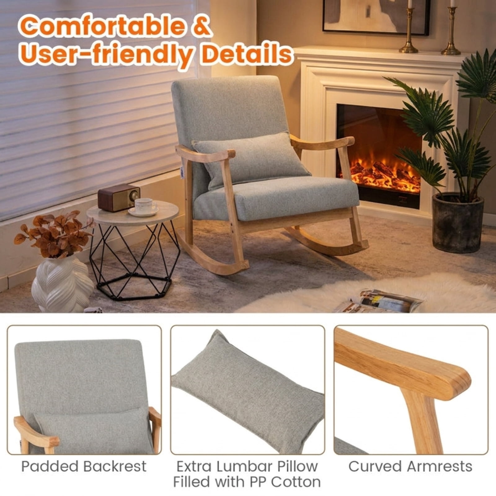 Furnibear Upholstered Rocking Chair with Pillow and Rubber Wood Frame for Living Room Nursery Bedroom Porch Reading Lounge Glider, Gray