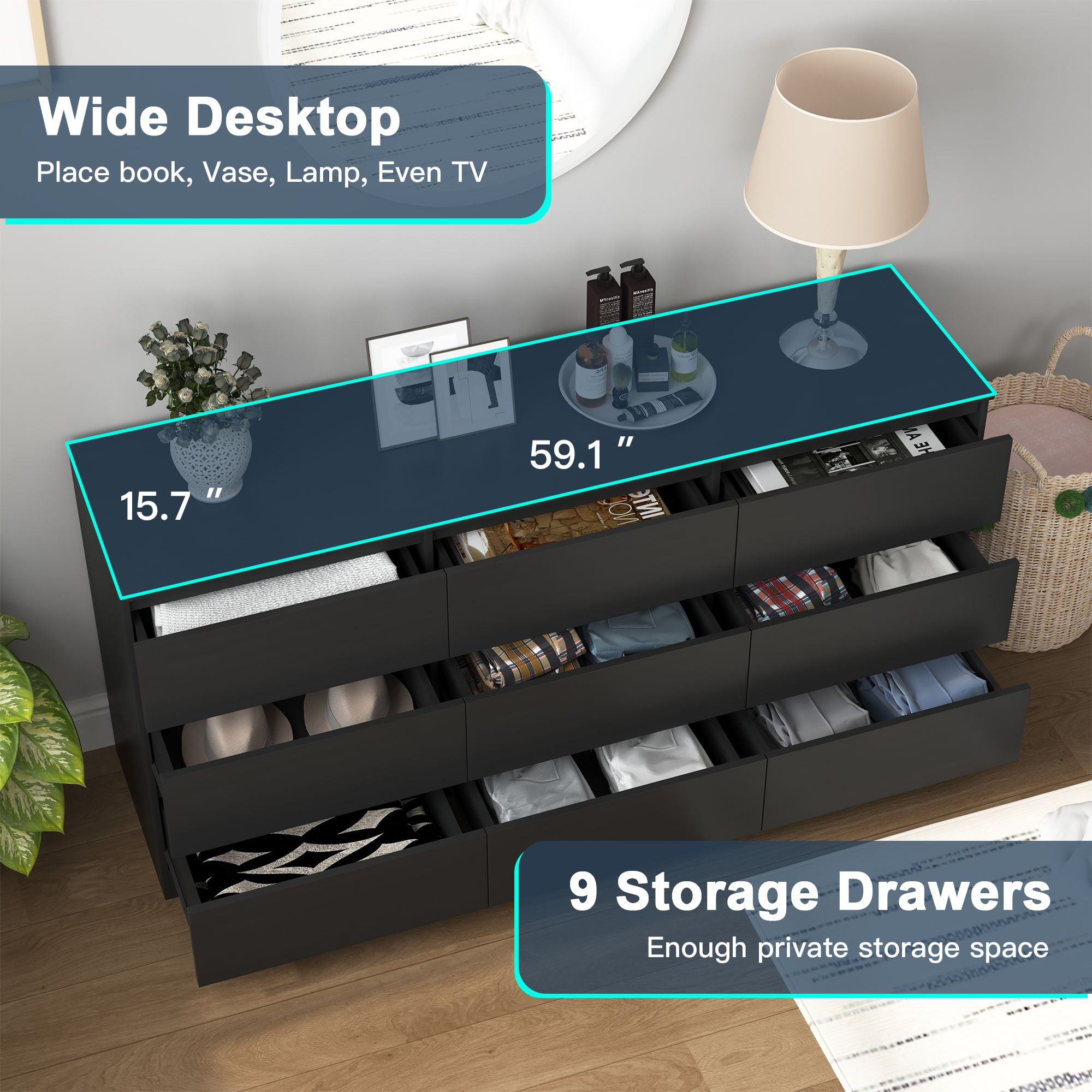 Finihen 9 Drawer Double Dresser, Modern 9 Chest of Drawers with Deep Drawers, Wide Storage Organizer Cabinet for Living Room, Kids, Black Finihen 9 Drawer Double Dresser, Modern 9 Chest of Drawers with Deep Drawers, Wide Storage Organizer Cabinet for Living Room, Kids, Black