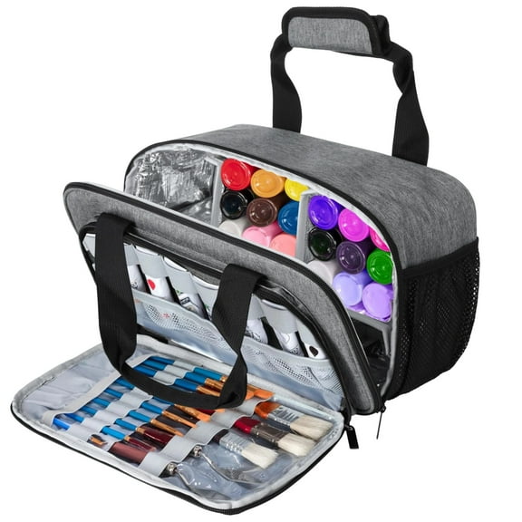 Acrylic Paint Organizer Bag, Large Capacity Bag for 54 Bottles 2 oz Acrylic Paint, Art Supply Bag with Detachable Aluminum Foil Liner, Portable Multi-Pocket Carry Bag for Paint, Paintbrushes, Palette