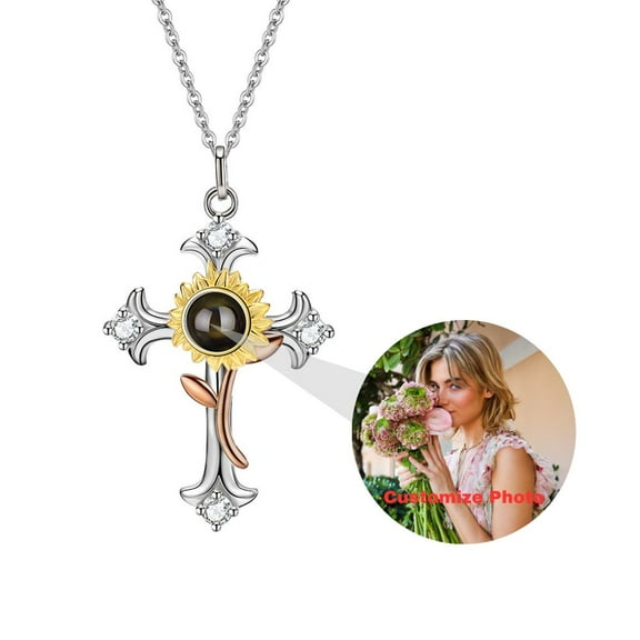 Custom Photo Projection Cross Necklace for Women, Personalized Cross and Sunflower Pendant, Birthday Wedding Valentine's Day Gifts, 925 Sterling Silver