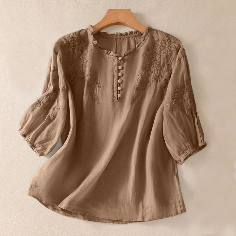 トップス Let LOOSE THOUGHTFUL LINEN SHIRT QITOHK Linen Shirts for Women Gauze 3/4 Length Sleeve Button