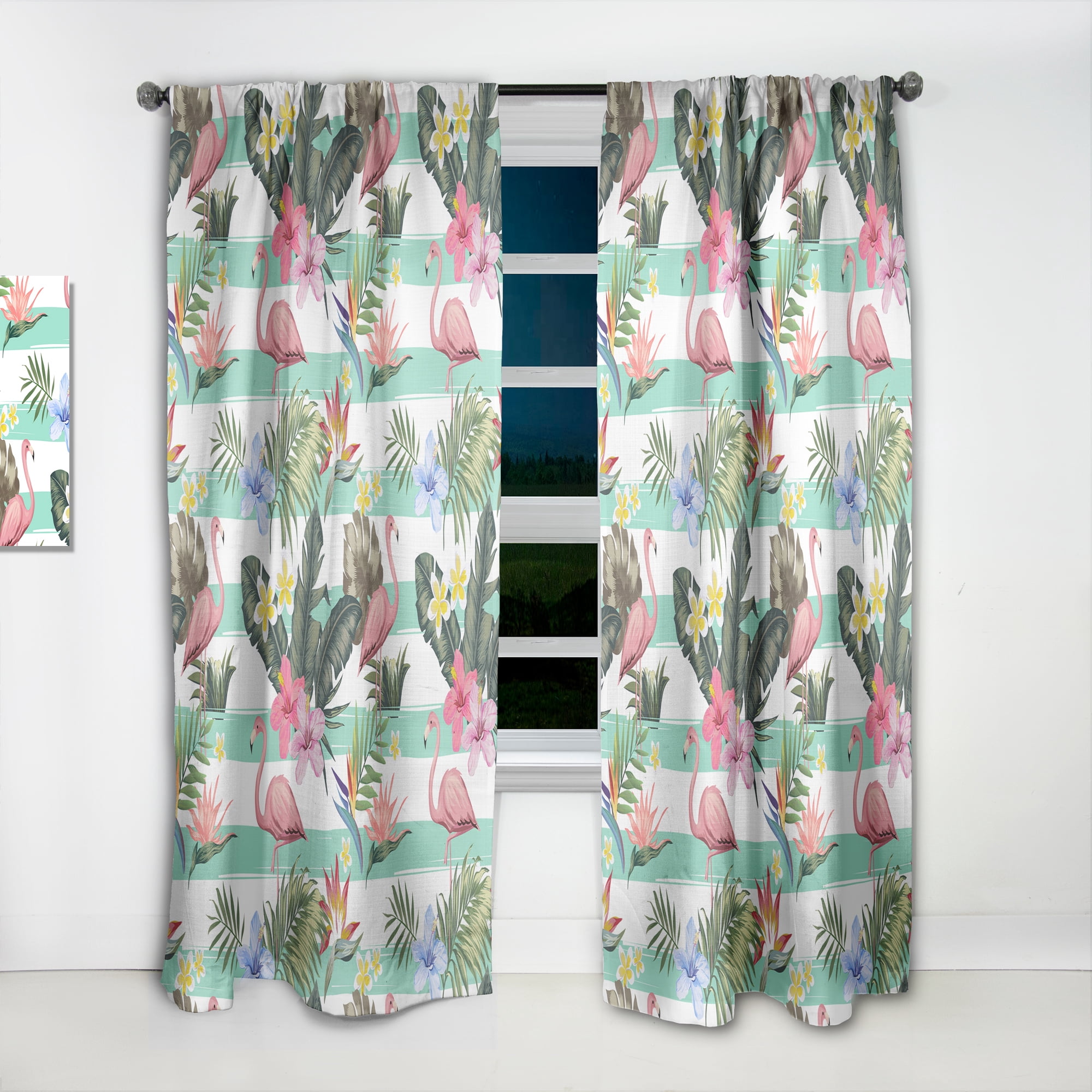 Designart 'Tropical Botanicals, Flamingo and Flowers' Mid-Century Modern Curtain Panel