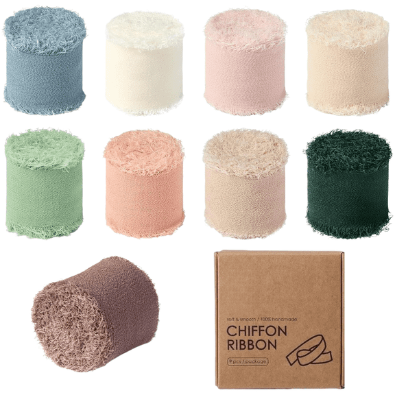 Handmade Chiffon Silk Ribbon Set: 27Yds Fringe Ribbons for Wedding Invitations, Bouquets & Gifts (9 Rolls x 3Yds) - Frayed Edge Ribbon for Crafts