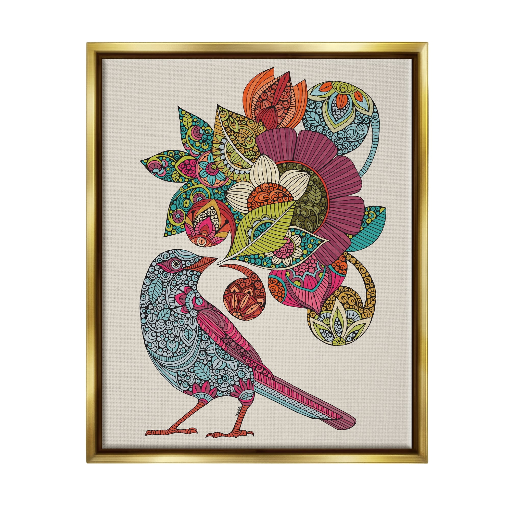 Stupell Industries Abstract Song Bird Paisley Pattern Floral Mandala Graphic Art Metallic Gold Floating Framed Canvas Print Wall Art, Design by Valentina Harper