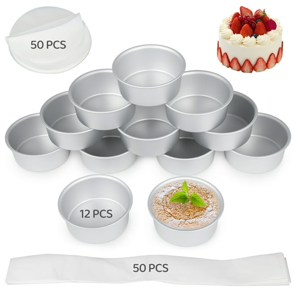 12 PCS Mini Cake Pans, 4 Inches Aluminum Round Cake Molds with 100 Parchment Sheets, Smash Cake Baking Pan, Circle Bake Tin Supplies for Cheesecake Quiche Home Party Bakery Restaurant