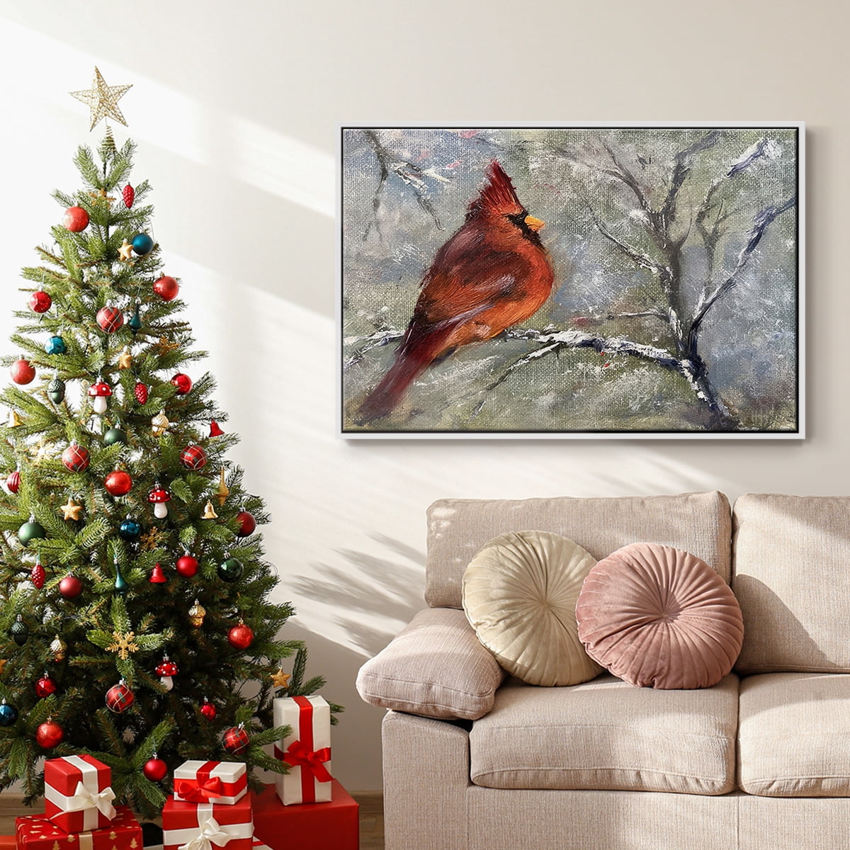 Cardinal in Snow II - Framed Gallery Wrapped Holiday Canvas - 25 x 37 - White Frame