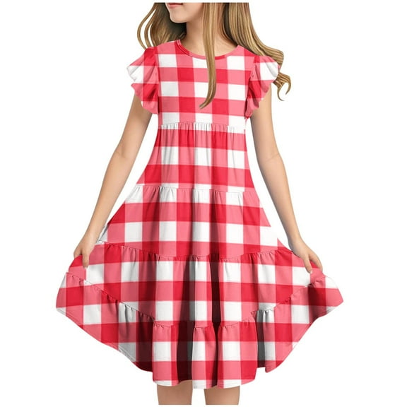 Annhoo Girls' Trendy Dresses Summer Crew Neck Ruffle Short Sleeve Plaid Flowy Tiered Casual Midi Dresses 6-15 Years