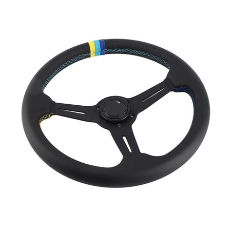 Racing Style 14 Inch Steering Wheel Black Leather with Yellow Teal and Navy Stitching