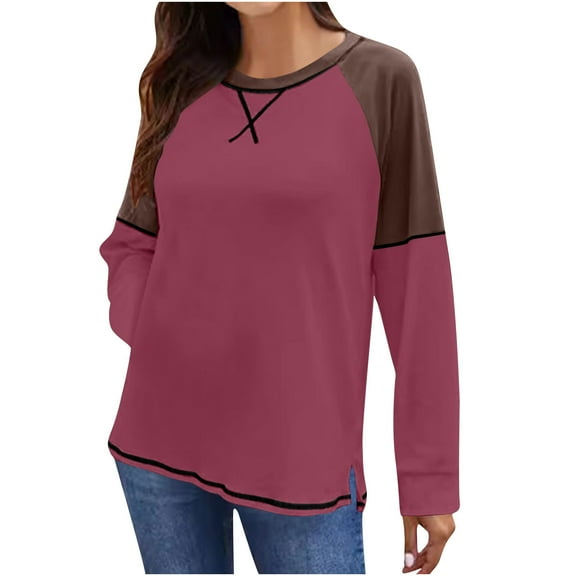 fatyb Long Sleeve Shirts for Women Color Block Loose Tee Shirts Casual Crewneck Pullover Summer Tops