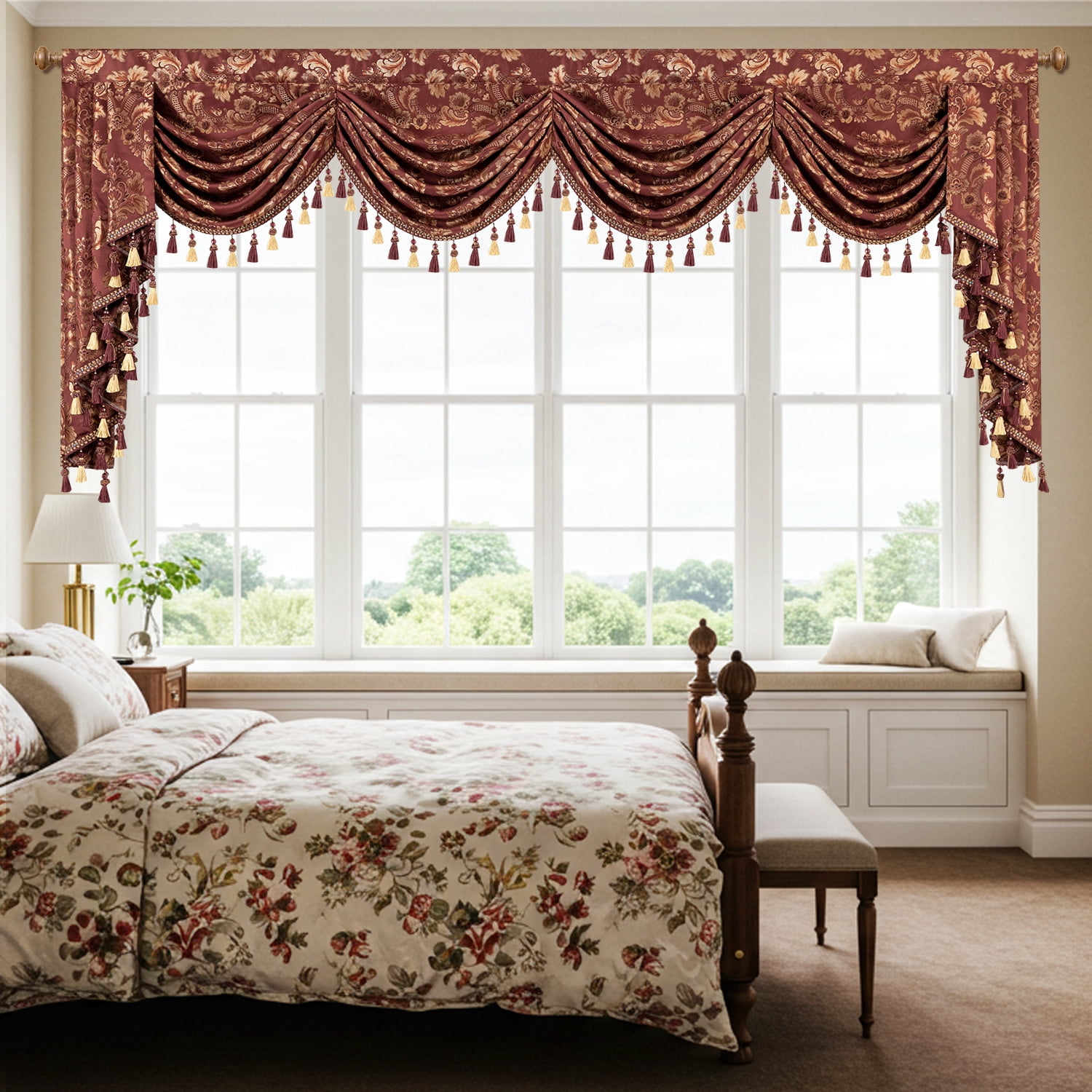 VOGOL Burgundy Damask Valance, Ultra Wide Swag Curtains with Beads 110x43 Inches for Bedroom