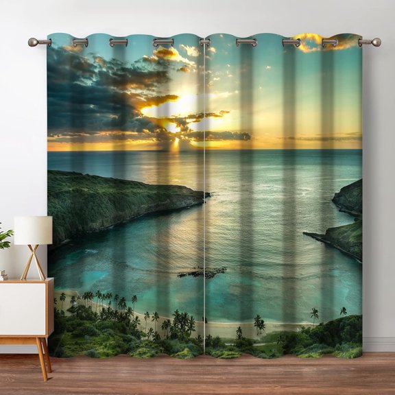 Ocean Beach Blackout Curtains Ocean Morning Sunrise Decor for Bedroom Living Room with Hawaiian Seaside Scene Island Green Print Grommet Window Drapes 2 Panel Set, 42"x54"