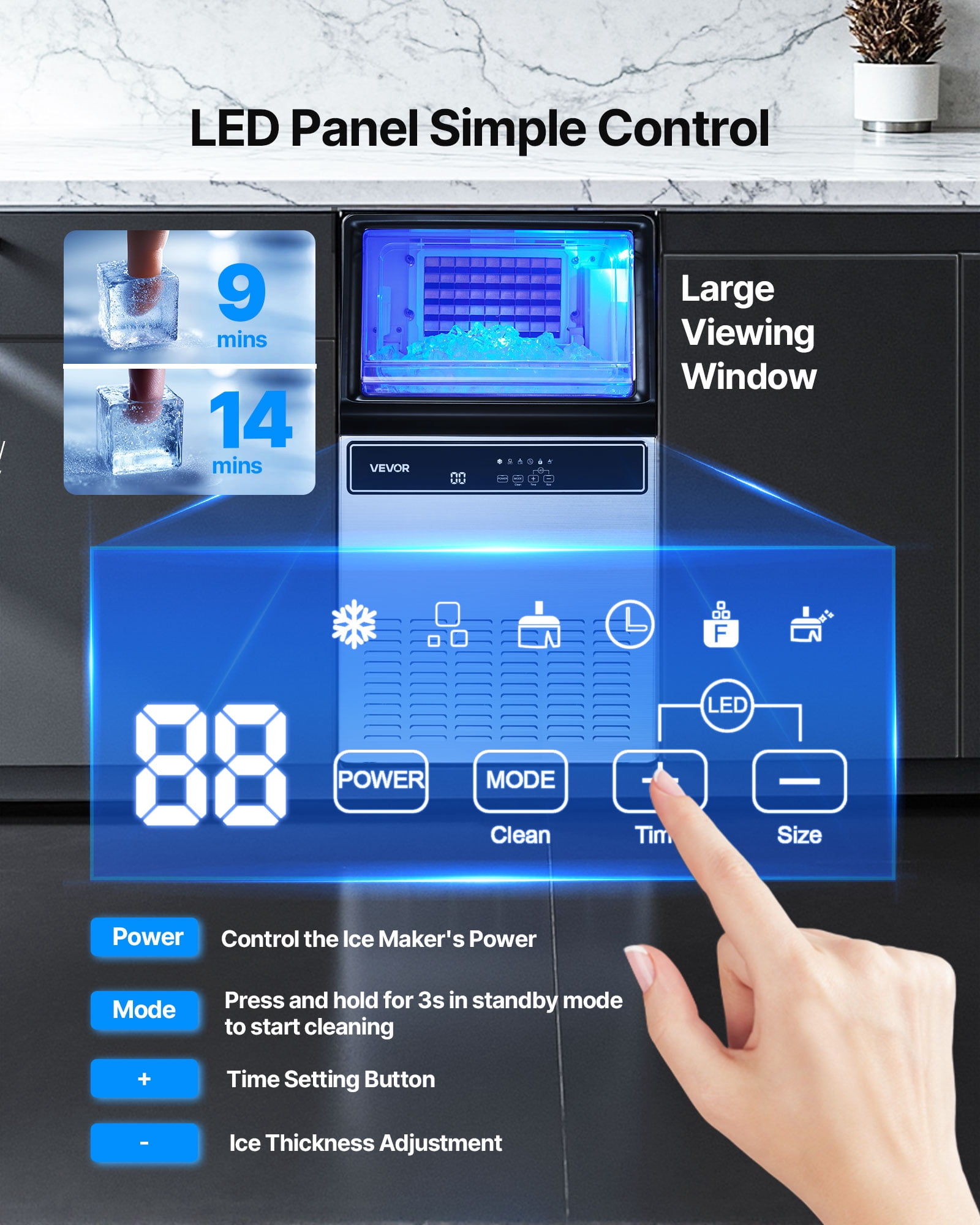 VEVOR Commercial Ice Maker Machine, 130Lbs/24H with 33Lbs Storage, 45 Cubes per Cycle, Stainless Steel Freestanding & Under Counter Ice Maker with LED Display & Self-Cleaning