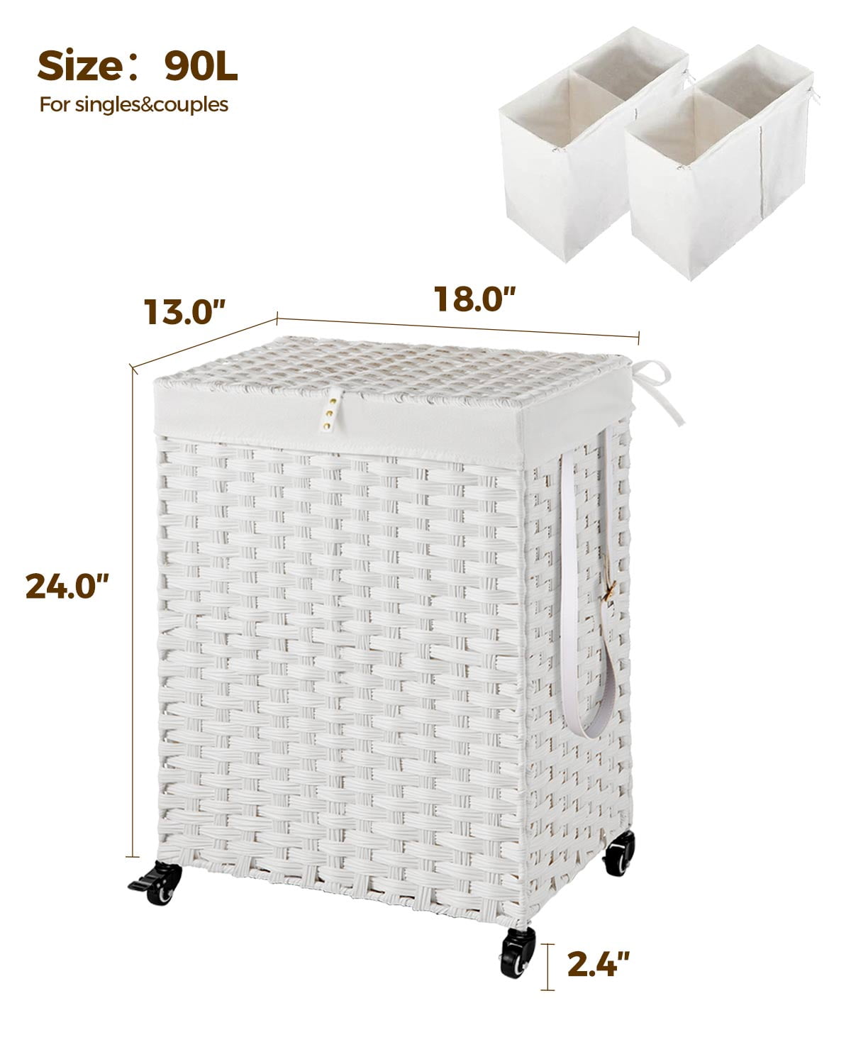 Rolanstar 90L Laundry Hamper with Wheels, No Install Needed, Divided Handwoven Hampers & 2 Removable Liner Bags, Synthetic Rattan Clothes Laundry Basket with Lid & Handles, Foldable Hampers White