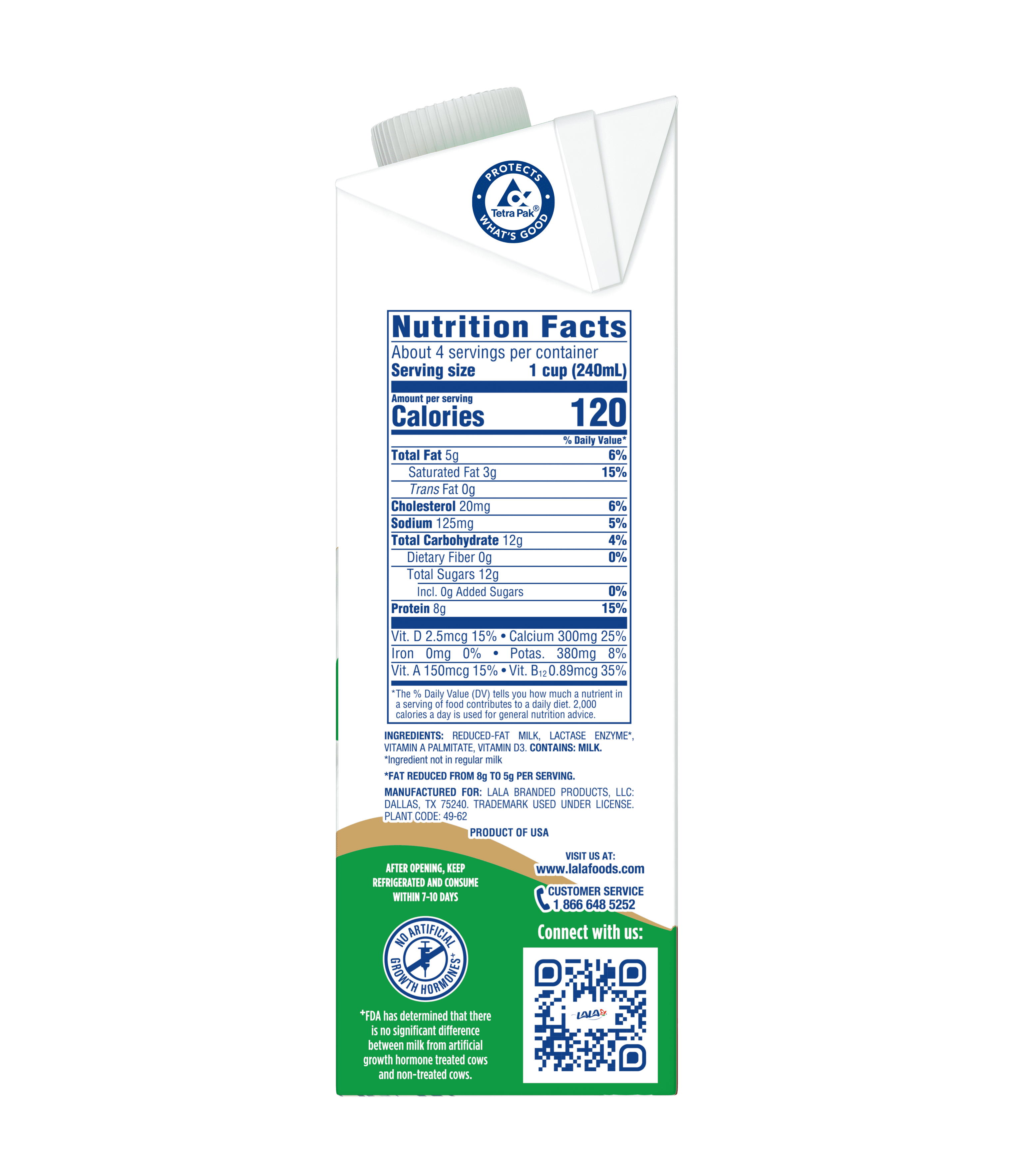 (4 pack) LALA Ultra-Pasteurized Lactose Free Reduced Fat Milk, 32-oz