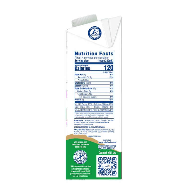 LALA Ultra-Pasteurized Lactose Free Reduced Fat Milk, 32-oz