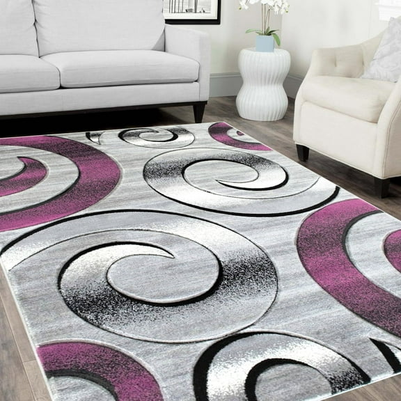 Handcraft Rugs-Swirls/Circles/Spiral Modern Contemporary abstrac tHand Carved Area Rug-Silver/Purple/Gray/Black