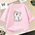 thumbnail image 3 of Bonita camiseta de algodón con dibujo de gato para niños y niñas, cuello redondo, manga corta, informal, estética, a la moda, para bebés, 3 of 5