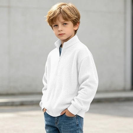 Cethrio Boys Zip up Sweatshirts Waffle Knit Stand-up Collar Casual Long Sleeve Fall Outerwear White Size 9-10 T
