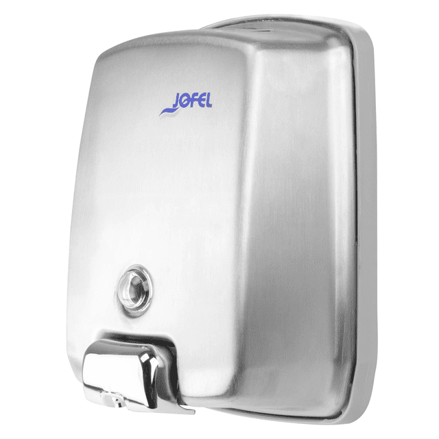 jofel despachador de jabón líquido manual de acero inoxidable satinado futura para 1l de líquido alta resistencia dispensador de pared con carcasa satinada AISI 304 en color acero inoxidable y logo Jofel, pulsador cromado de ABS en la parte inferior, visor circular central para ver nivel de jabón, perfil frontal curvado y base trasera para montaje; también suele usarse para dispensar gel hidroalcohólico en áreas de alto tráfico.