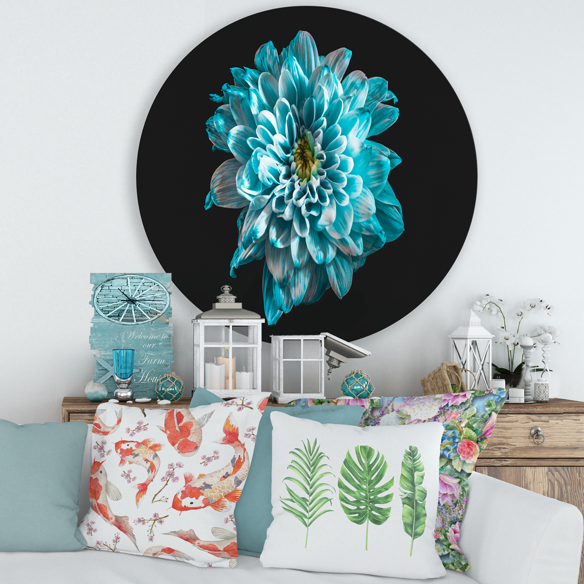 Designart 'Close Up Of Flower With White and Blue Petals' Traditional Circle Metal Wall Art 36x36 - Disc of 36