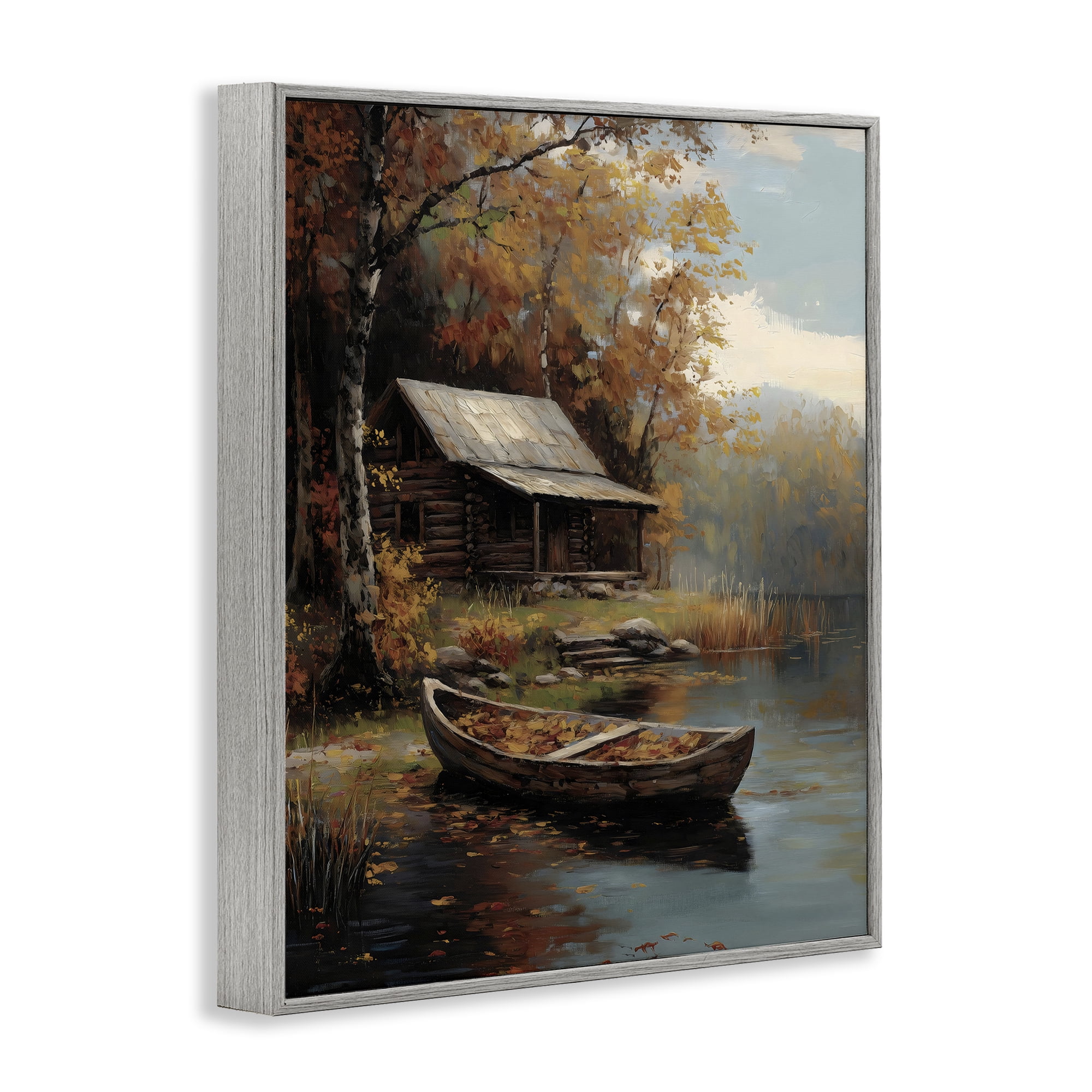 Autumn Cabin Canoe with Leaves Gray Framed Giclee Art, design by Arlington Prints