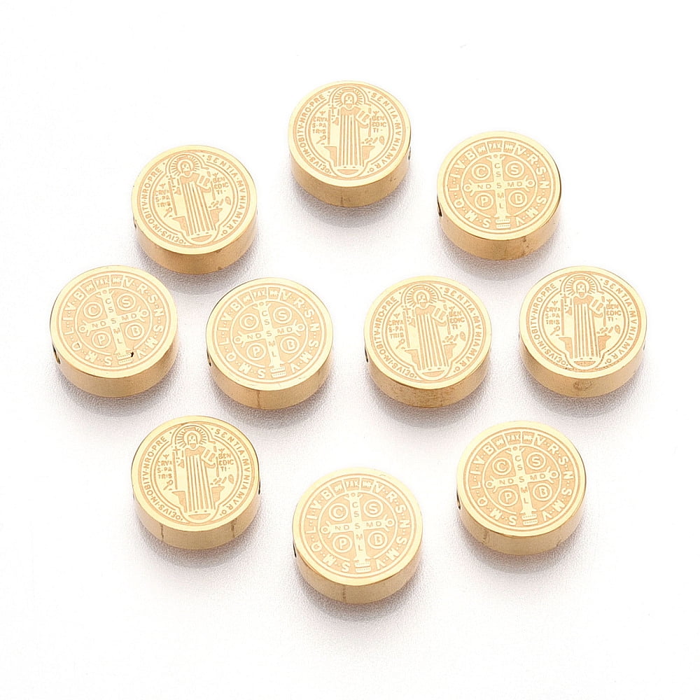 50 pc PVD Vacuum Plating 304 Stainless Steel Beads Flat Round with Saint Benedict Medal Golden 14.5x3mm Hole: 2mm