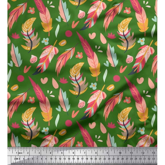 Soimoi Green Silk Fabric Artistic Feather Printed Fabric 1 Yard 42 Inch Wide