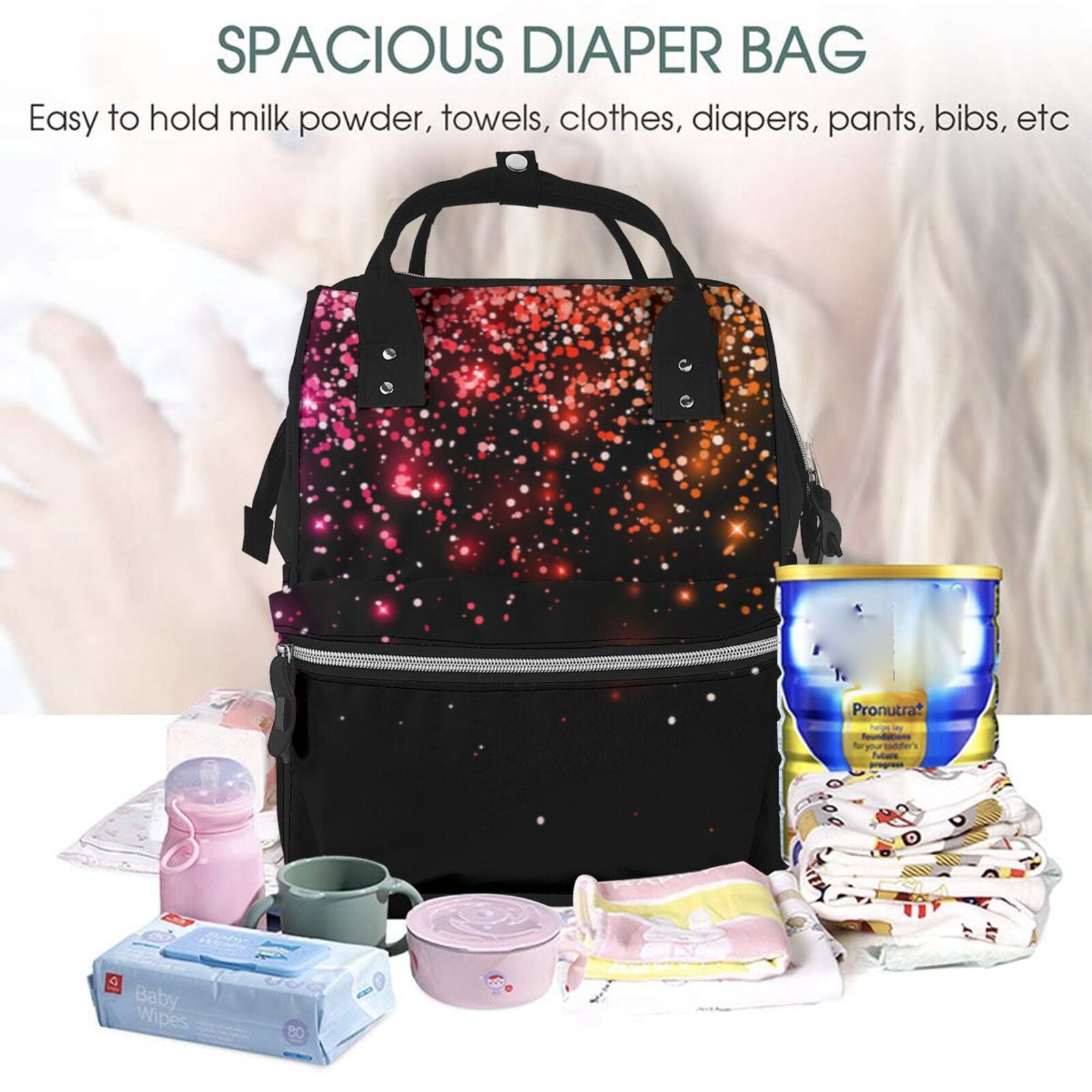 Ratiio Colorful Sparkling Mummy Backpack - Waterproof Twill Canvas, Large Capacity Diaper Bag with Multiple Pockets and Adjustable Straps