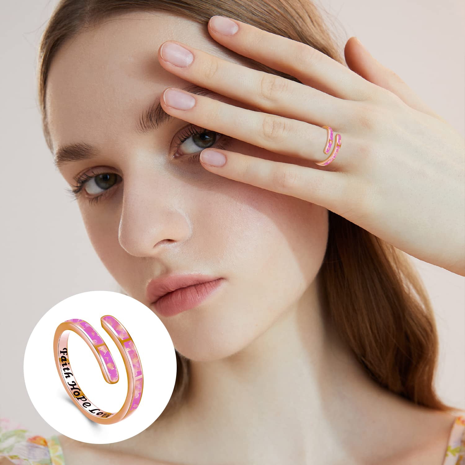 Coachuhhar Pink Opal Rings for Women 925 Sterling Silver Faith Hope Love Rings Rose Gold Adjustable Open Rings Opal Jewelry for Mother's Day