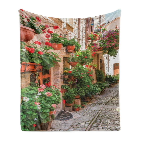 Italian Soft Flannel Fleece Blanket, Street View of a Small Renaissance Town with Floral Porches and Rock Mediterranean, Cozy Plush for Indoor and Outdoor Use, 60" x 80", Multicolor, by Ambesonne