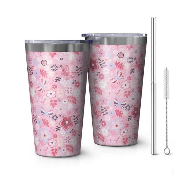16oz Tumblers Pioneer Flower Floral Print Pattern Stainless Steel Vacuum Insulated Double Wall Travel Tumbler Cups Mug with Lid and Straw,Cleaning Brush for Coffee,Tea