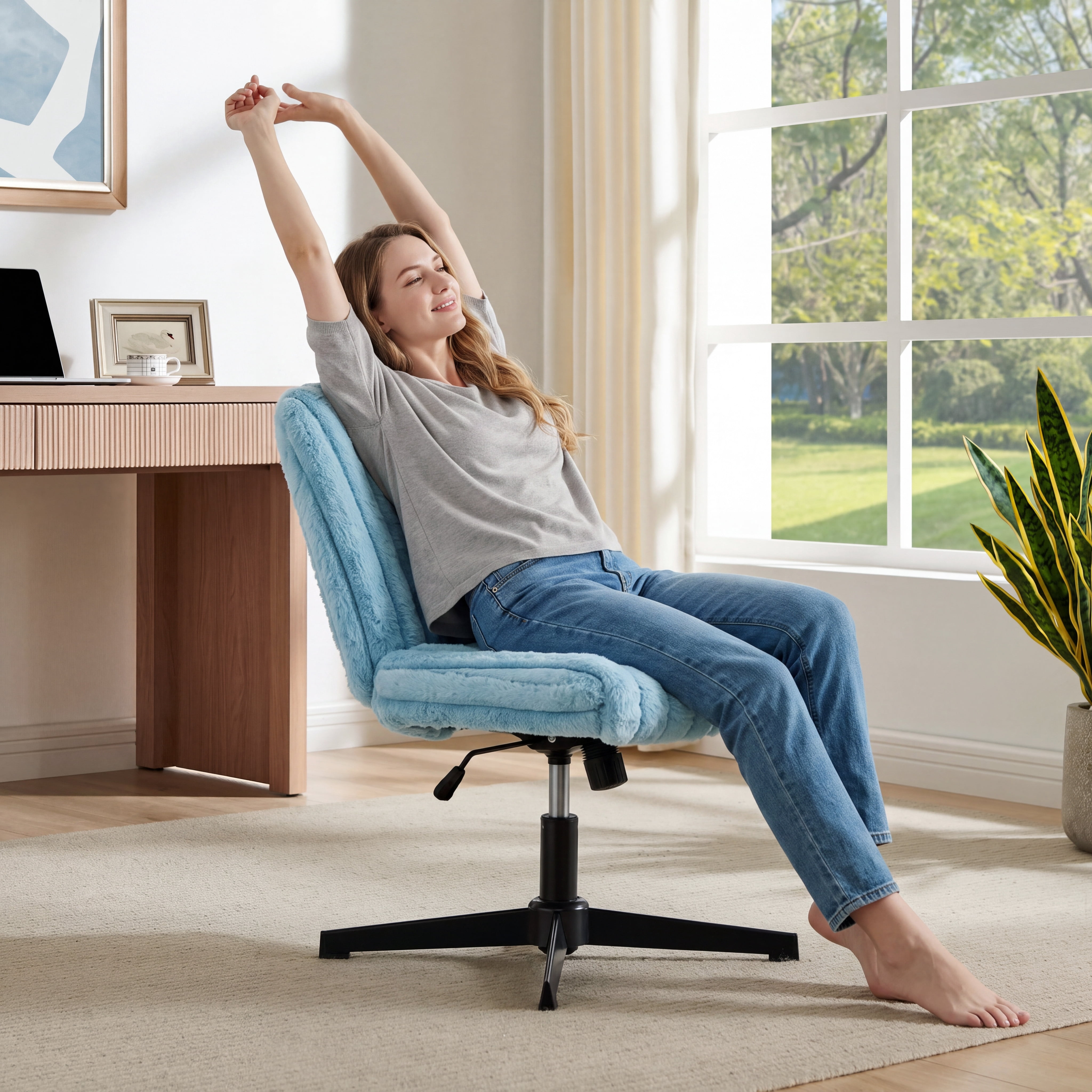 Roundhill Blynn Adjustable Swivel Criss Cross Chair, Wide Seat Office Chair Vanity Chair, Blue