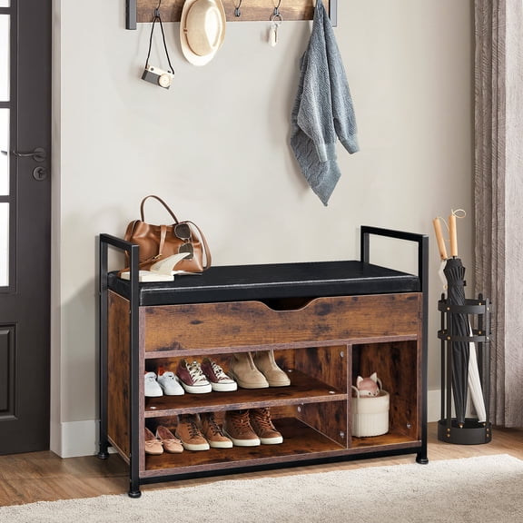 LOGYAT 35 Inch Shoe Bench with Storage and Cushioned Seat, Entryway Bench Shoe Rack Organizer for Entry, Bedroom, Closet, Living Room, Hallway, Rustic Brown and Black