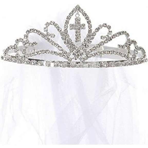 Dangling Cross Rhinestone Ribbon Tiara Princess Communion Flower Girl Veil White (K0D16)