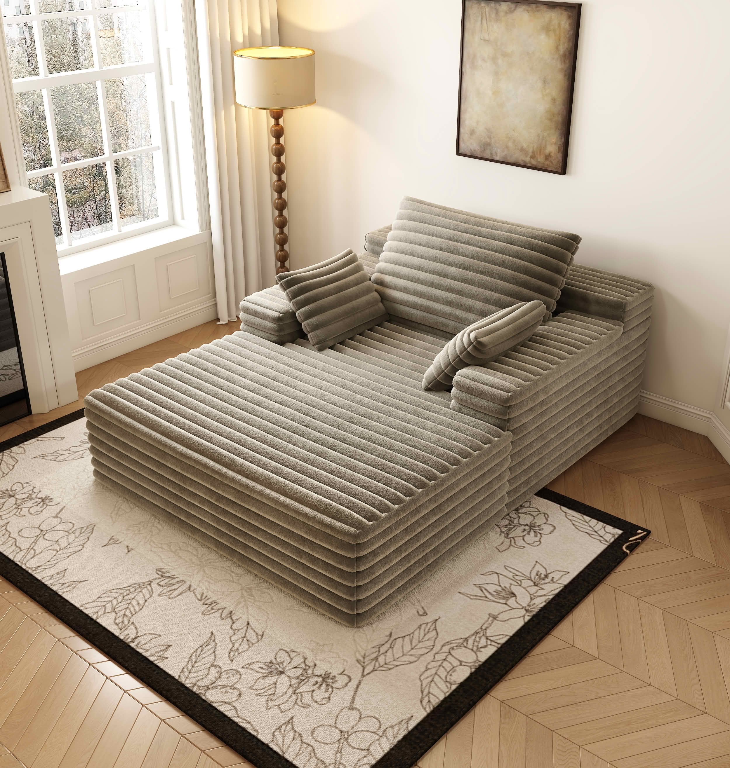 MAYEERTY Oversized Corduroy Chaise Lounge, 600lbs Capacity Indoor Lounge Chair, Ergonomic Accent Chair with Pillows for Living Room Bedroom, No Assembly Required