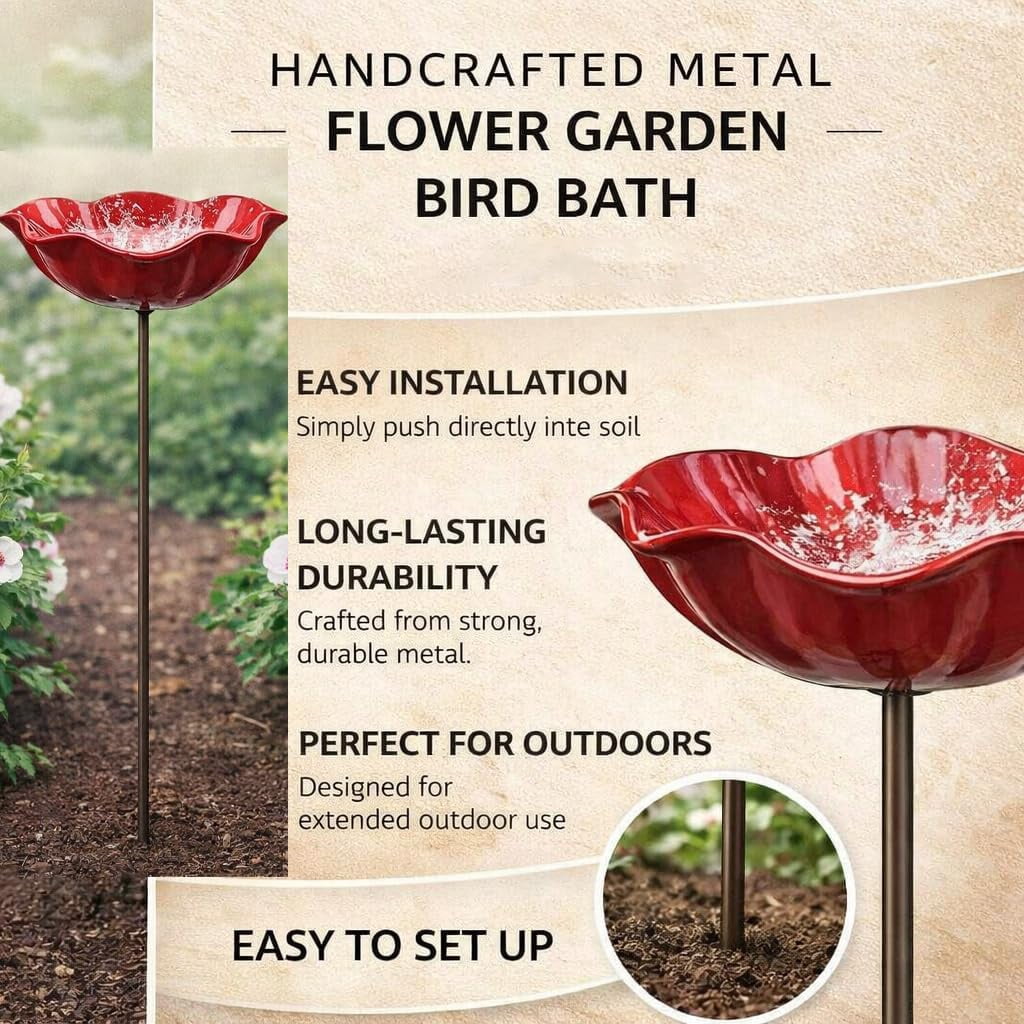 Handmade Metal Flower Garden Stake Bird Bath – Mini Bird Bath & Pollinator Water Station for Outdoor Yard Decor (Red,4)