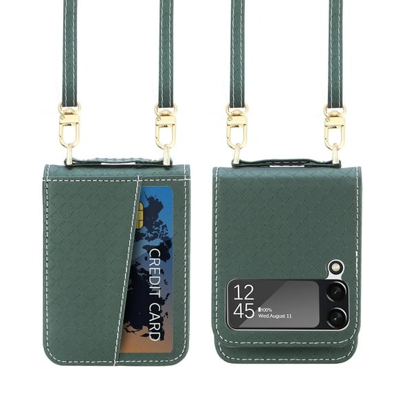 ELEHOLD Phone Lanyard Case for Samsung Galaxy Z Flip 3.Fashion Luxury PU Leather and TPU With Phone Rope Shockproof Case for Samsung Galaxy Z Flip 3 6.7 inch,Green