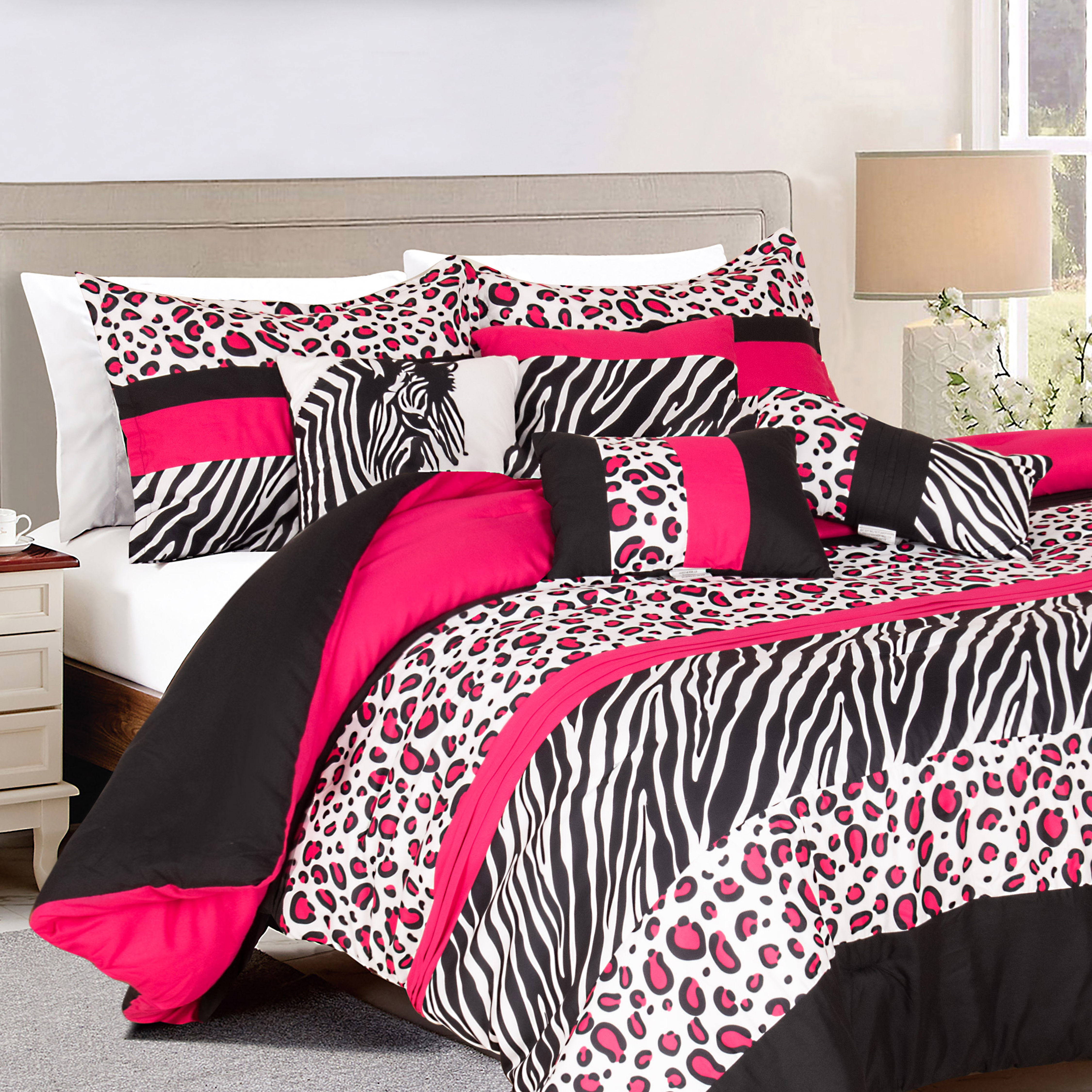 EvJk 7 Pieces Leopard Print Comforter Set Color Block Patchwork Bed in A Bag, Pink and Black, King