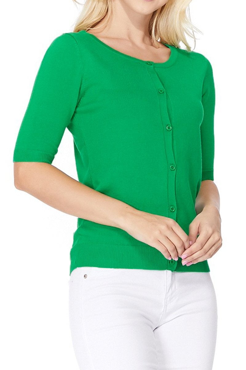 YEMAK Women's Short Sleeve Crewneck Button Down Casual Soft Cardigan Sweater MK3467-GRN-L