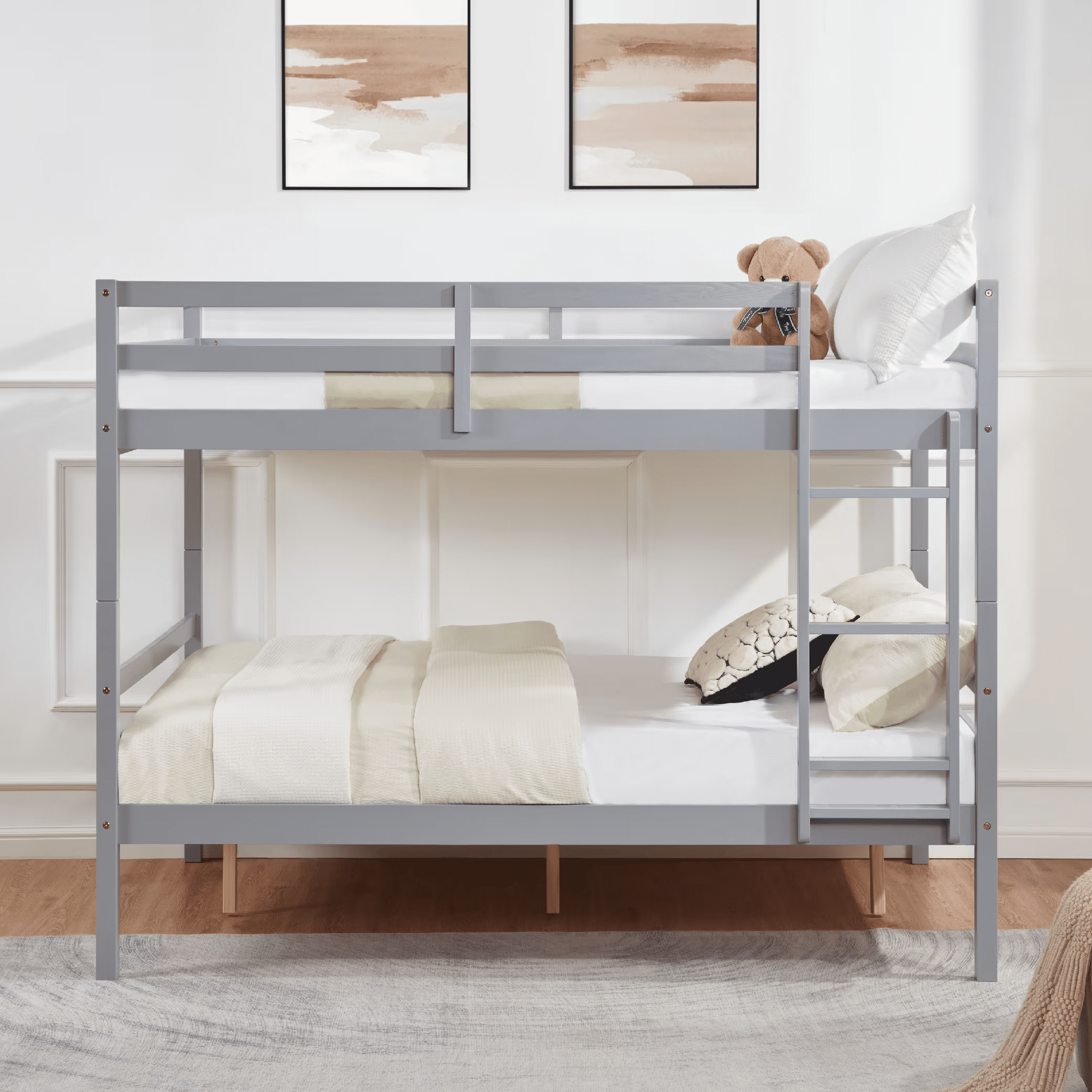 MAYEERTY Full over Full Bunk Bed with Ladder, Wooden Bed Frame with High Guardrail and Ladder for Kids, No Box Spring Needed, Grey