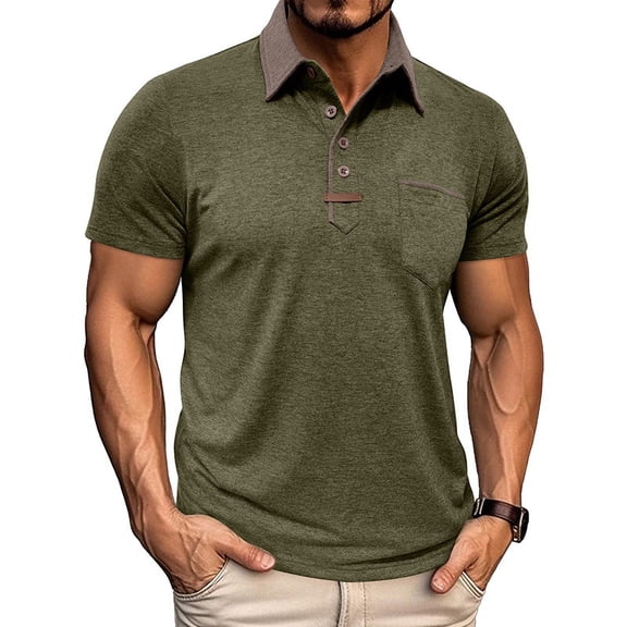 Men's Collared Polo Shirt Short Sleeve With Pocket Casual T-Shirt Comfortable & Stylish For Spring And Summer Daily Wear Tops,Army Green,M