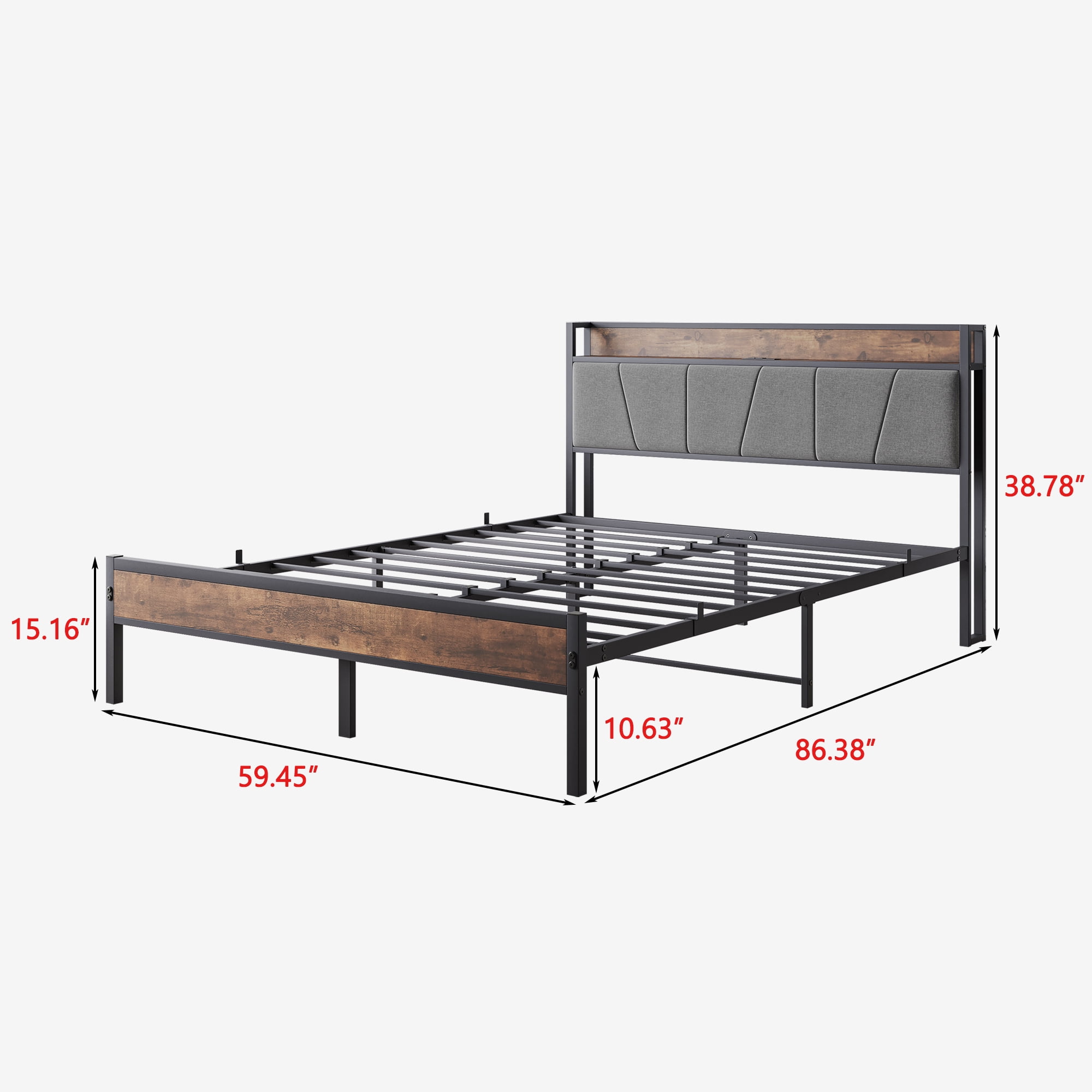 Queen Bed Frame with Storage Headboard/USB Charging Station,Heavy Duty Metal Upholstered Single Platform Queen Size Bed Frame,No Box Spring Needed,Heavy Duty Metal Slats,86.38"x59.45"x38.78",Brown