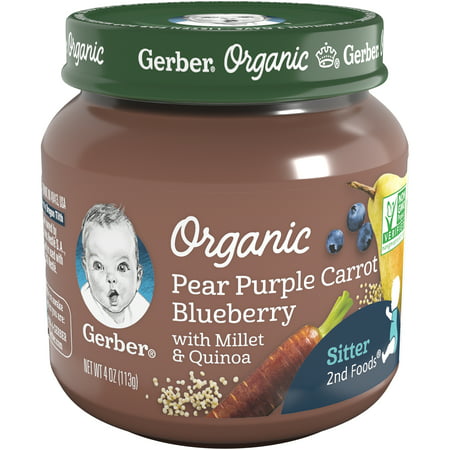 Gerber Organic 2nd Foods Pear Purple Carrot Blueberry with Millet & Quinoa Baby Food , 4 oz Glass Jar (Pack of